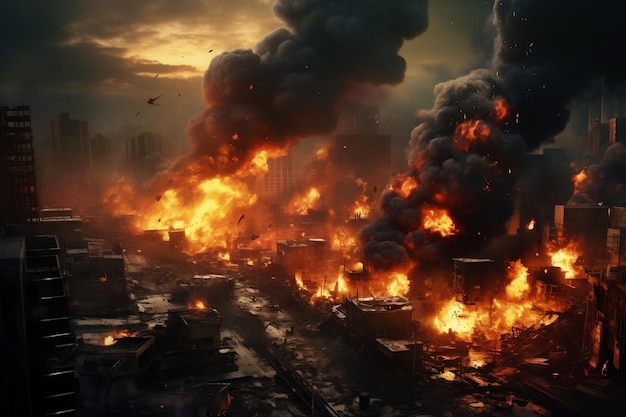 Destruction of a City by Fire and Explosion Generative Ai