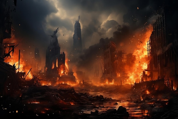 Destruction of a City by Fire and Explosion Generative Ai