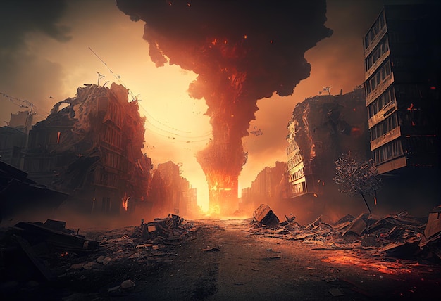 Destruction of city with fires explosions and collaps illustration Ai generative