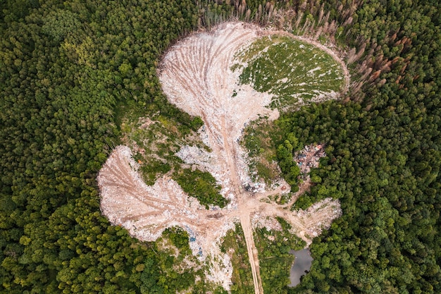 Destruction of forests and ecological system by garbage removal in forests top view destructive