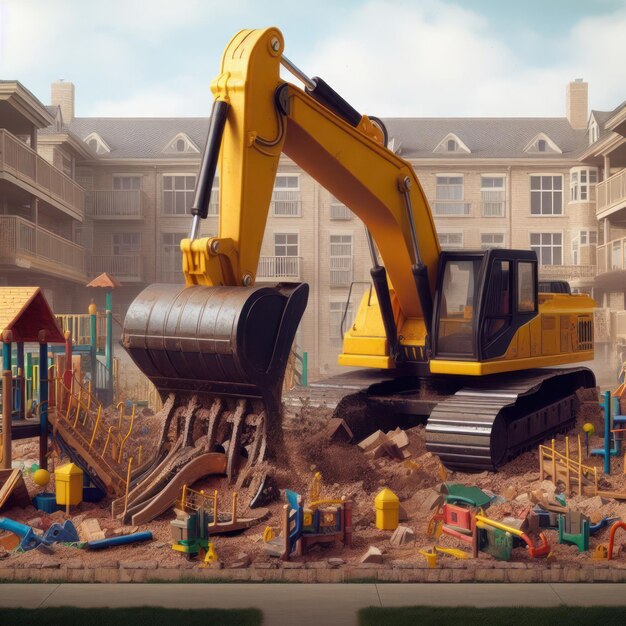 Destruction of the playground by construction equipment