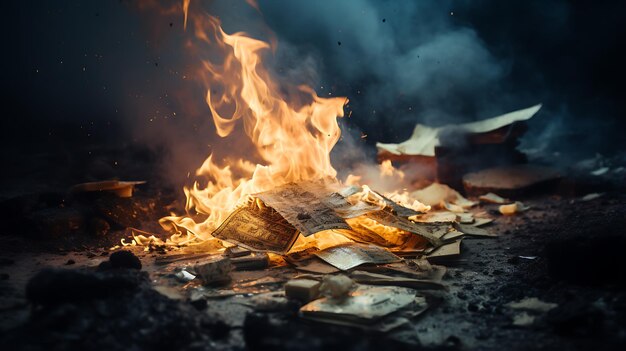 Photo destruction of wealth and economic turmoil with a closeup shot of burning money