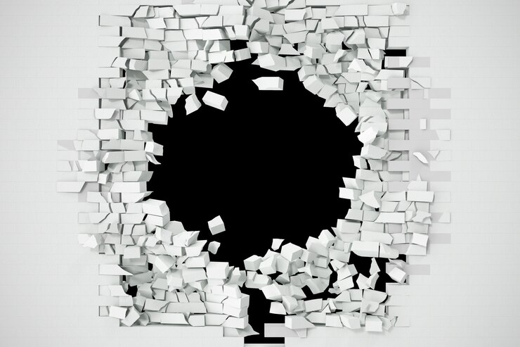 Photo destruction of a white brick wall for pasting anything text