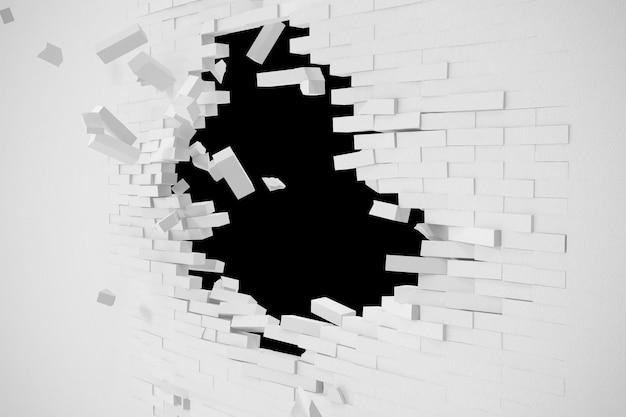Foto distruzione di un muro bianco con testo vuoto 3d'illustrazione