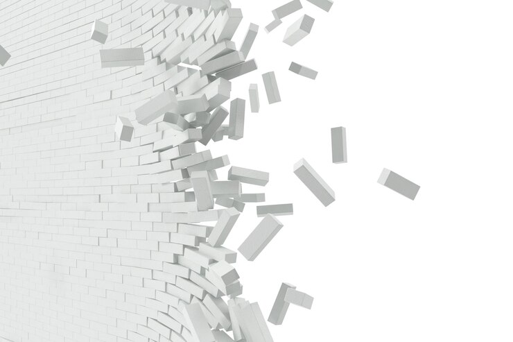 Destruction of a white wall with blank text 3d illustration