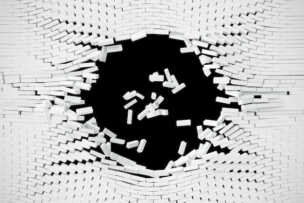 Destruction of a white wall with blank text 3d illustration