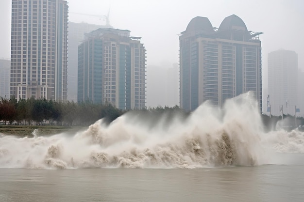 Destructive oceanic tsunami highrise buildings background Natural water disaster AI generated