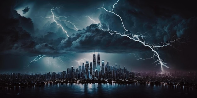 Destructive and powerful thunder storm strike metropolis city with thunderbolt