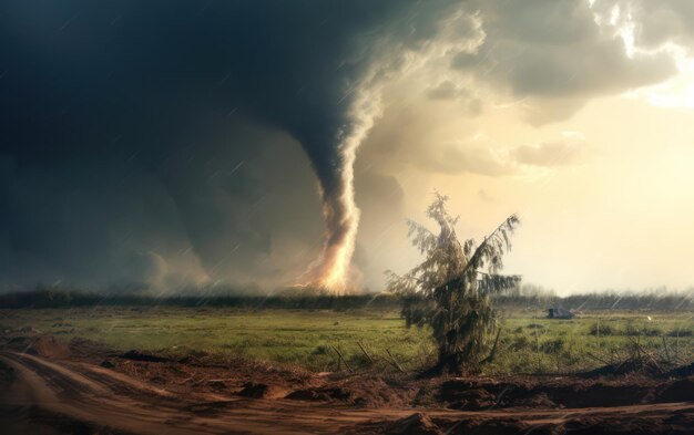 Photo destructive tornado over picturesque green landscape