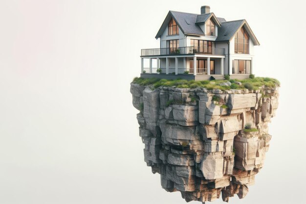 Detached house on a piece of rock Space for text