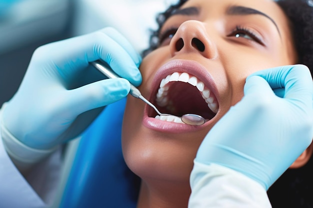 Detail of an Afrodescendant woman undergoing dental treatment in a dental office Dental care