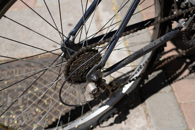 Detail of bicycle chain outdoors