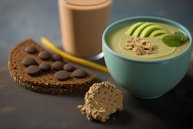 Detail of a brown bread slice avocado spaghetti and a smoothie bowl