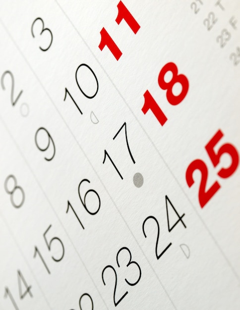 Detail of a calendar page with selective focus