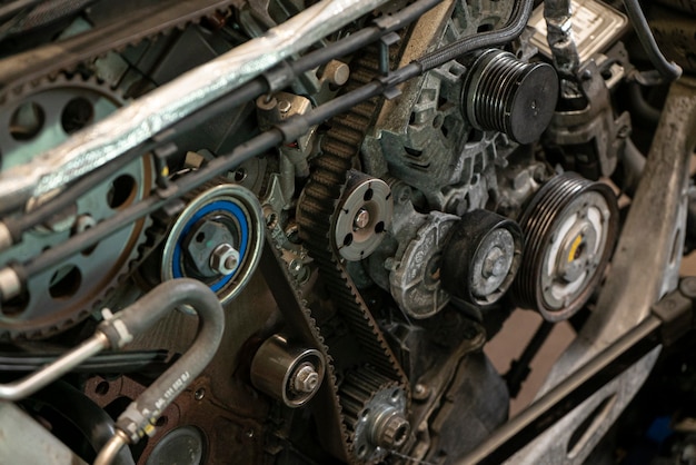 Деталь ремня ГРМ двигателя автомобиля в мастерской