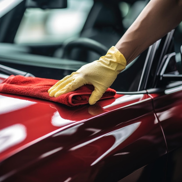 Detail of the car Man holds a rag in his hand and polishes the car Generative AI