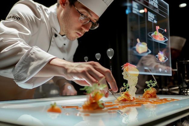 Photo detail the chefs focus as they carefully plate the generative ai