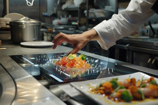 Detail the chefs focus as they carefully plate the generative ai