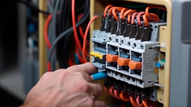 Detail close up of Electrician installing electric cable wires and fuse switch box with multimeter in hands Generative AI