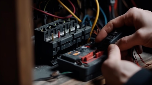 Foto detail close-up van elektricien die elektrische kabeldraden en zekeringkast installeert met multimeter in handen generatieve ai