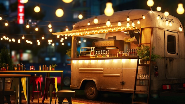 detail of closed red food truck with light bulb background no people Ai Generative