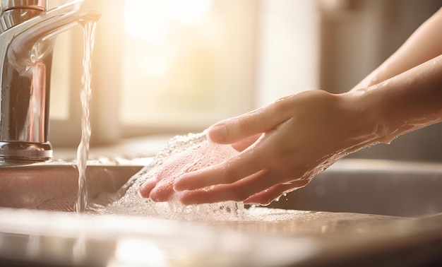 Detail closeup of young woman washing cleaning hands rubbing fingers using soap under warm flowing water over sink faucet in bathroom Hygiene concept virus prevention stop spreading bacteria