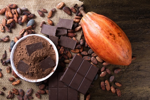 Photo detail of cocoa fruit with pieces of chocolate and cocoa powder on raw cocoa beans.