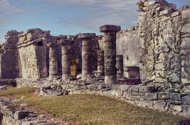 Detail of the columns of a Mayan temple of the tulum complex in mexico.