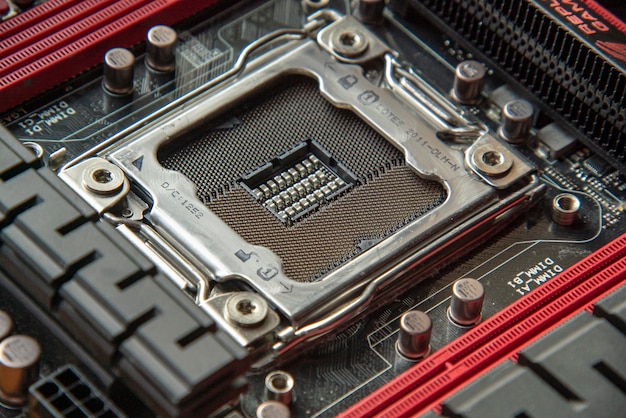 Detail of a Cpu socket in a motherboard of a gaming pc