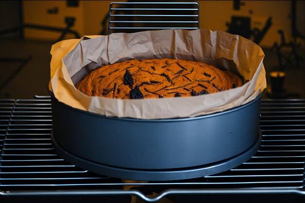 Foto dettaglio di una deliziosa torta in fase di cottura in forno dalla crosta dorata e dall'aroma invitante generato dall'intelligenza artificiale