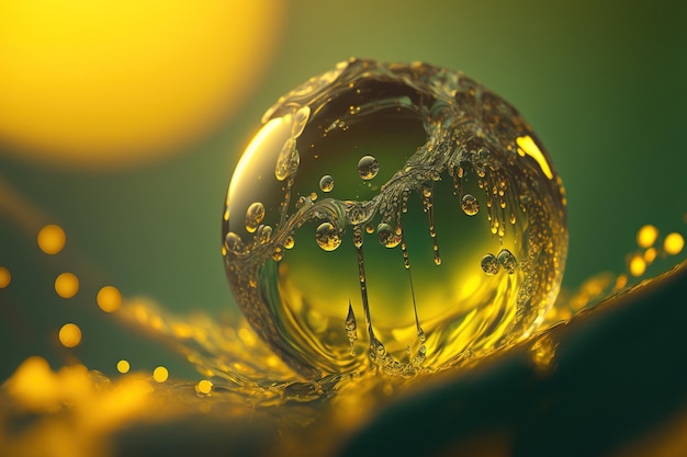 Detail of a dew droplet on a bright yellow bokeh backdrop