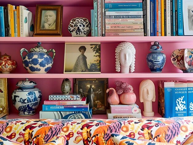 Detail of a fabric upholstered shelf laden with books paintings and pictures in the style of candy