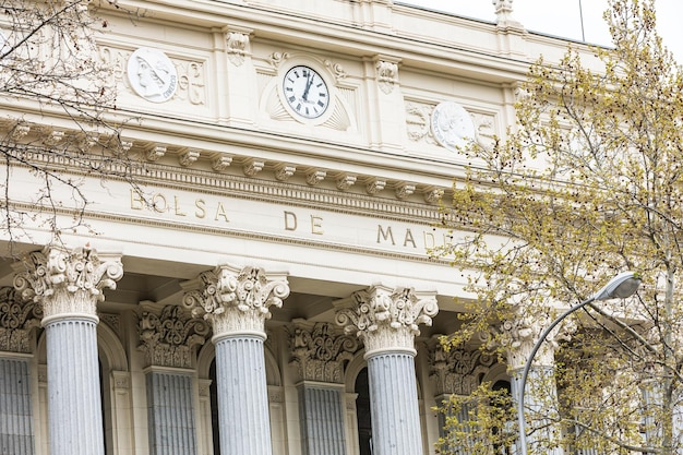 Detail of the facade of the Madrid Stock Exchange Spain Stock market trade investment broker and tourism concept