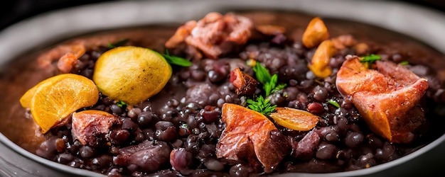 Detail of feijoada with black beans with pepperoni bacon and jerky Traditional Brazilian food