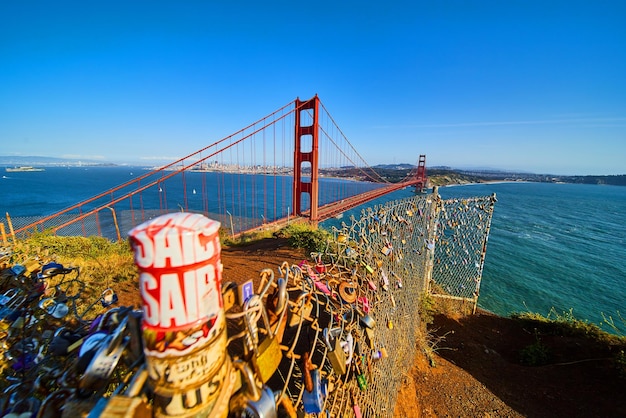 Detail of fence covered in locks by Golden Gate Bridge in California