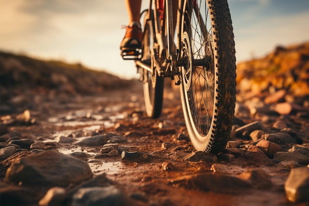 Detail focus Close up of mountain bike tire and riders foot on dirt road