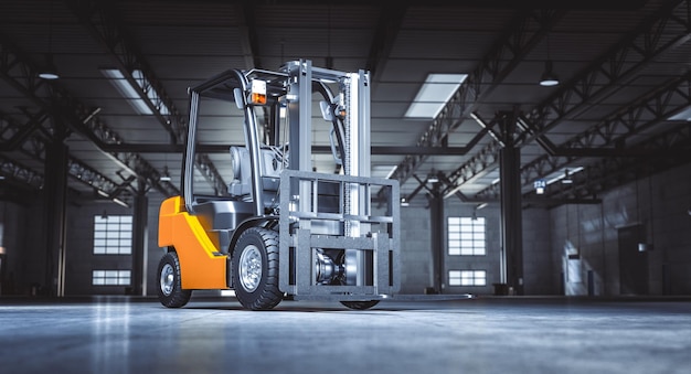 detail of a forklift inside an empty warehouse