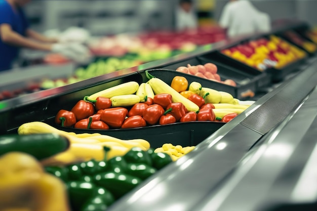 スーパーマーケットで販売される新鮮な野菜の詳細は、Ai が生成したコピー スペースのぼやけた背景