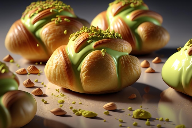 Detail of freshly baked pistachio croissants on a shiny tile Cruasan con pistachos recien horneados