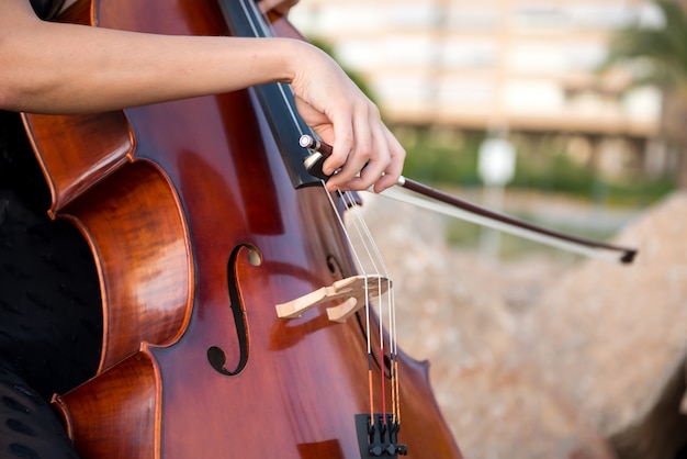 Detail of girl with her cello on the outside