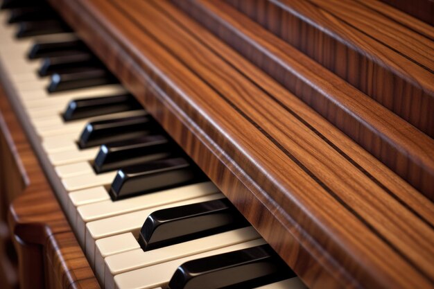 Detail of grand piano keys with elegant wood finish created with generative ai