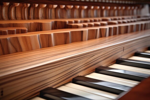 Detail of grand piano keys with elegant wood finish created with generative ai