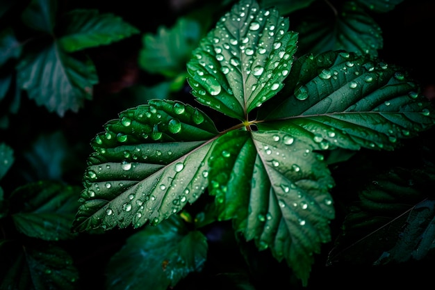 Detail of green leaves in nature wet with morning dew generative ai