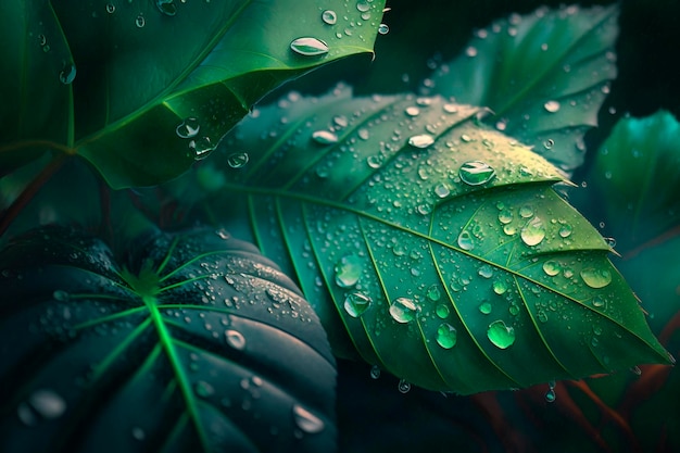 Detail of green leaves in nature wet with morning dew generative ai