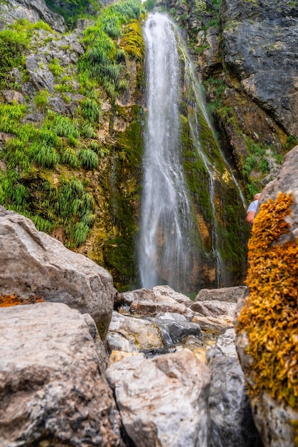 Detail of Grunas waterfall in Theth national park in summer Albania Albanian alps