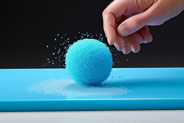 Photo detail of a hand in a rubber glove and blue sponge cleaning a surface with a detergent