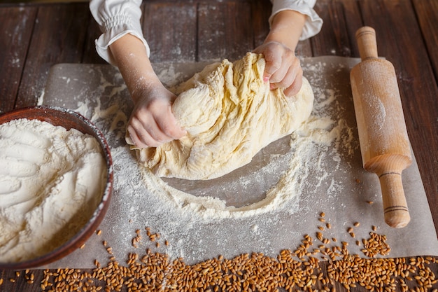 Detail of hands kneading dough