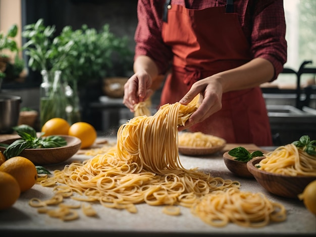 Foto dettaglio di mani che preparano pasta artigianale in una cucina