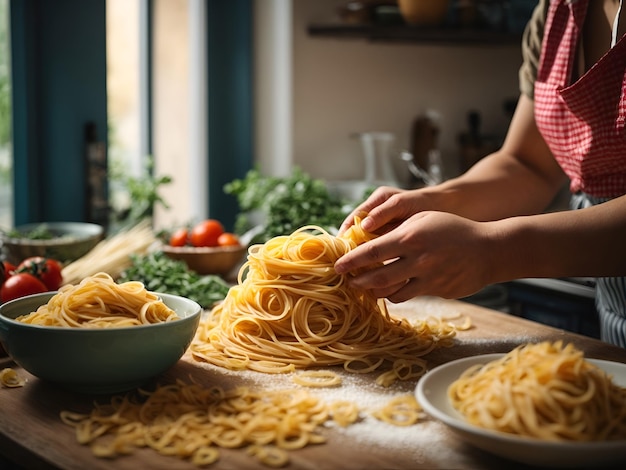 Деталь рук, делающих ремесленные макароны на кухне