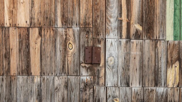 Detail of a hinge on an old wooden slat door